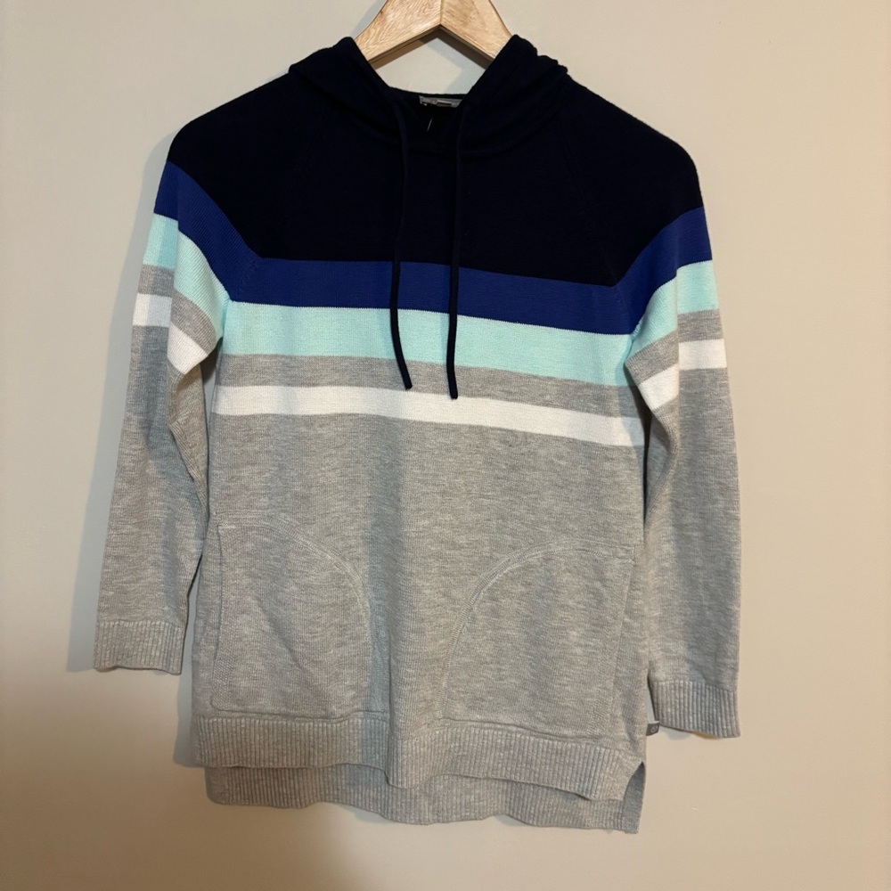 T by Talbots Women's Blue and Gray Striped Hooded Sweater | Sz Petite | NWT